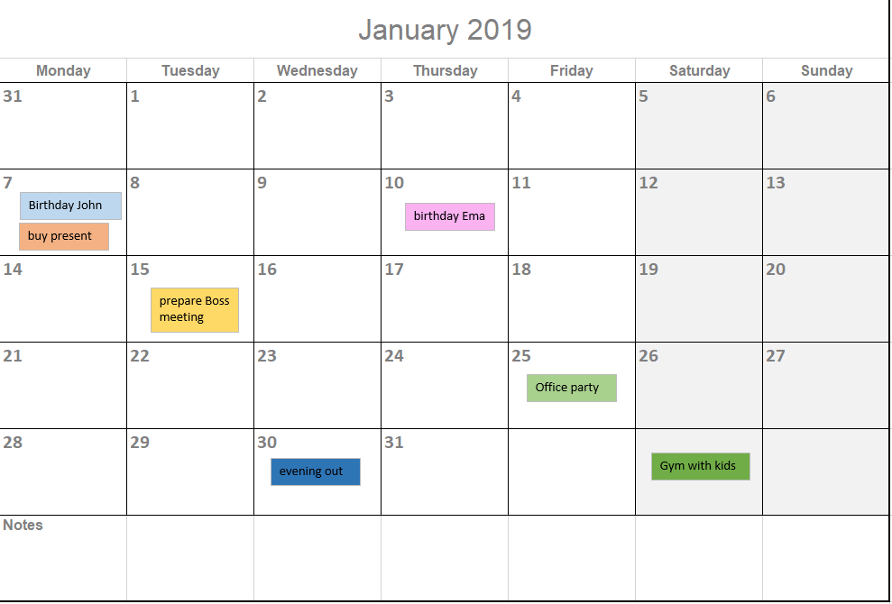 2019 Excel calendar