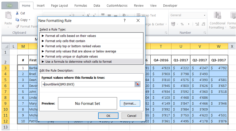 excel automatically highlight non empty fields or rows
