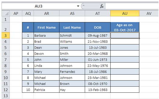 excel update current age of customer in table