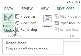 excel vba design mode developer tab
