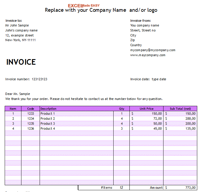 excel invoice template with customer
